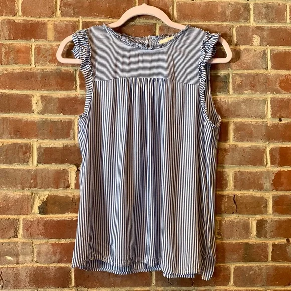 The Softest high neck ruffled sleeveless blouse with stripes and ruffles LOFT MP - Picture 1 of 7
